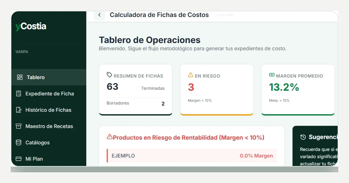 Tablero de operaciones de yCostia con margen promedio y fichas de costo